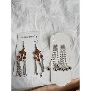 Chic Rhinestone & Amber Beaded Dangle Earrings Set Sparkly Glamorous